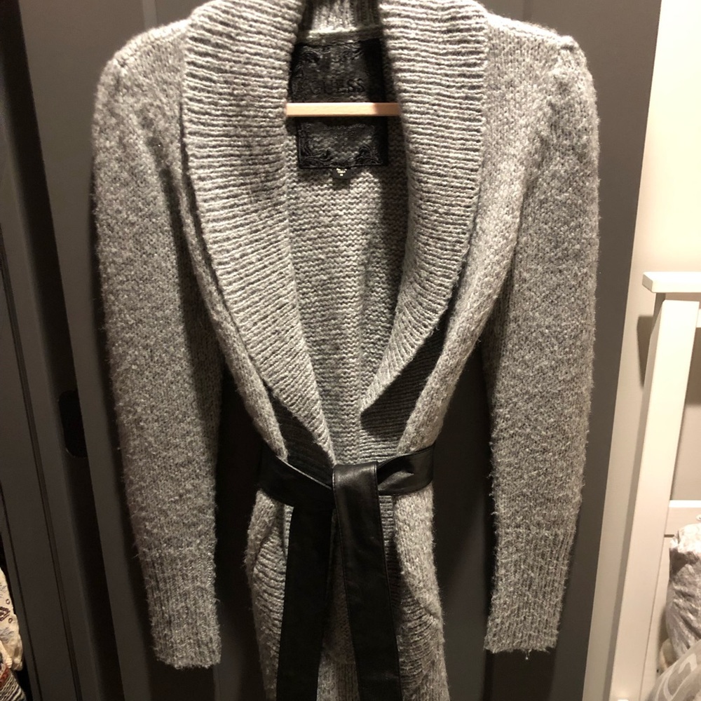Gray sweater with leather wrap